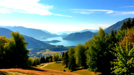 panoramic view of the lake in the italian alpsの写真素材