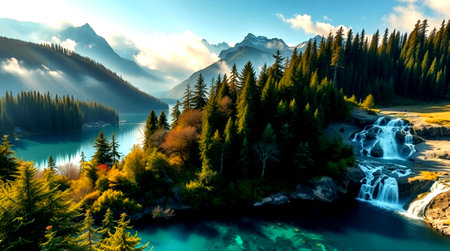 Fantastic panoramic view of the beautiful lake in the mountains.