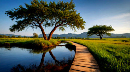 wooden walkway in the field with tree and reflection in waterの写真素材
