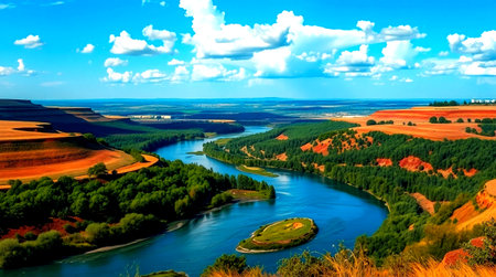 Panoramic view of the bend of the river. Ukraine.の写真素材