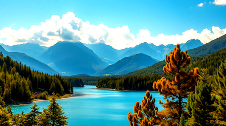 Mountain lake with coniferous forest and blue sky with cloudsの写真素材