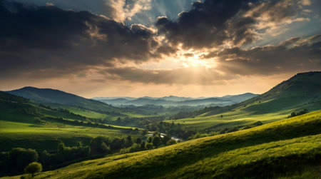 Beautiful sunset over the meadows in the Carpathian mountainsの写真素材