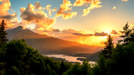 Sunset over Lake Teletskoye, Altai Republic, Russia