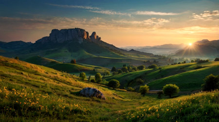 Sunset in the mountains. Beautiful summer landscape. Sunrise in the mountains.の写真素材