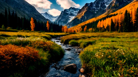 Beautiful autumn alpine landscape with mountain river and colorful forest.の写真素材