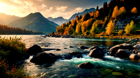 Mountain river in the autumn. Beautiful landscape of the mountain river.