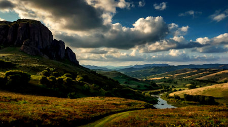 Landscape with meadows, mountains and blue sky with clouds.の写真素材