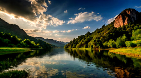 River in the mountains. Beautiful landscape with river and sky. Landscape with river.