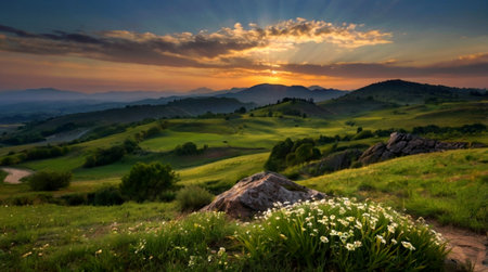 Beautiful spring landscape in Tuscany, Italy at sunset.