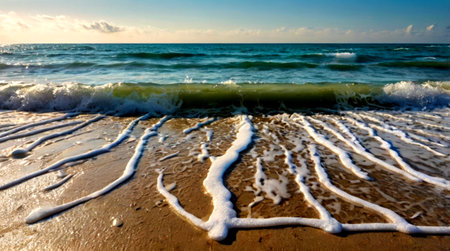 Waves breaking on the sandy beach of the Mediterranean Sea, Israelの写真素材