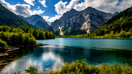 panoramic view of the alpine lake in the Alps, Italyの写真素材