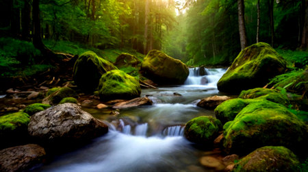 Beautiful waterfall in the forest. Long exposure photo. Soft focus.