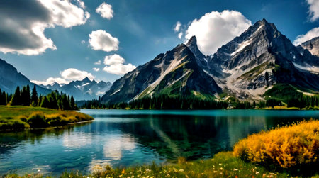 panoramic view of alpine lake in the alps