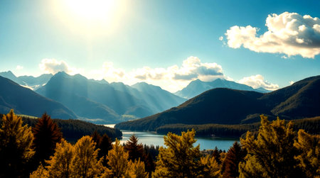 panoramic view of alpine lake at sunset, New Zealandの写真素材