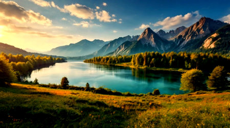 panoramic view of alpine lake at sunset.の写真素材
