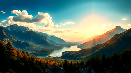 Sunset in the mountains of Switzerland. Panoramic view.の写真素材