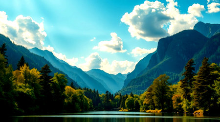 Beautiful lake in the mountains. Autumn landscape. Panorama.