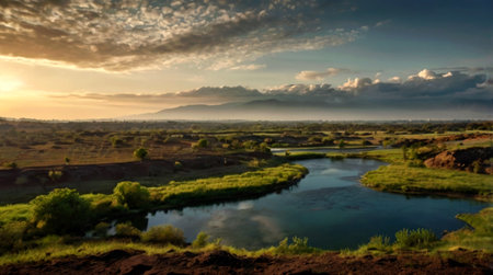 Landscape with river and mountains at sunset, Khao Yai National Park, Thailandの写真素材