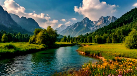 Panoramic view of the river and mountains in Bavaria, Germany