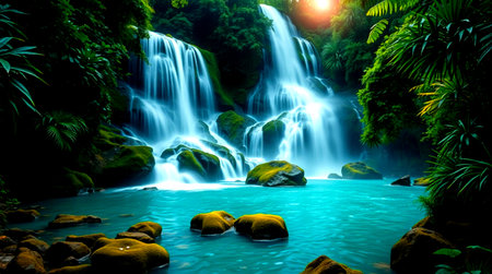 Beautiful waterfall in the jungle at sunset. Nature landscape background.の写真素材