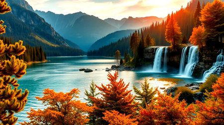 Autumn landscape with beautiful waterfalls and coniferous forest.