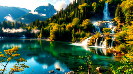 Mountain lake with a waterfall in the background. The concept of active and photo tourism
