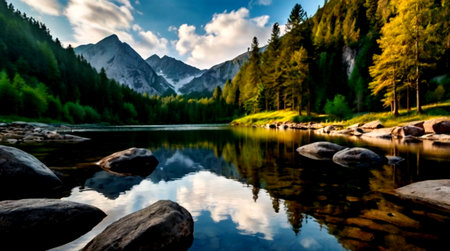 beautiful mountain lake with clear water and reflection of mountains in itの写真素材