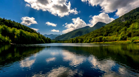 panoramic view of a beautiful lake in the mountains with clouds reflected in water