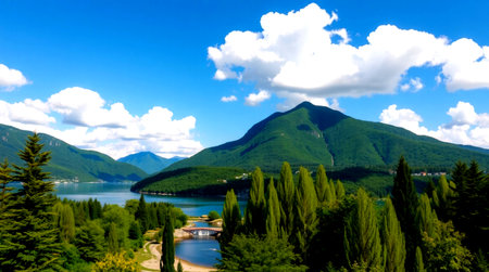 Lake Como, Lombardy, Italy. Panoramic view of the lakeの写真素材