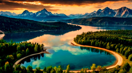 Beautiful alpine lake at sunset. Landscape with mountains and forest.