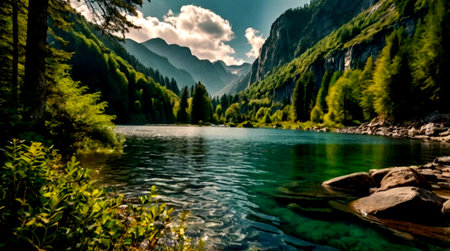 Panoramic view of the lake Lago di Braies, Italyの写真素材