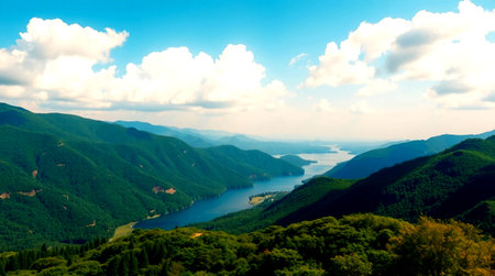 Mountain landscape with lake and blue sky. Panoramic view.の写真素材