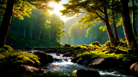 Mountain river in the forest at sunrise. Beautiful landscape with a mountain river.