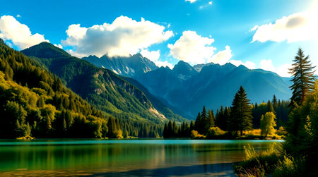 Mountain lake in the mountains at sunset. Beautiful summer landscape.