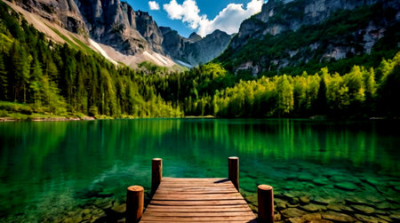 Wooden pier on the lake in the Dolomites, Italyの写真素材