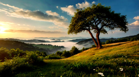 Lonely tree on a meadow in the mountains at sunsetの写真素材