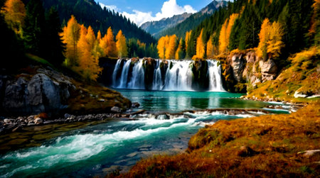 Panoramic view of the waterfall in the autumn forest. Beautiful autumn landscape.の写真素材