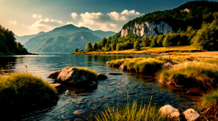 Landscape with a lake and mountains in Bavaria, Germany.の写真素材