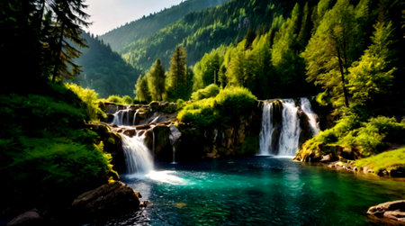 Waterfall in the mountains. Mountain landscape with a waterfall in the forest.