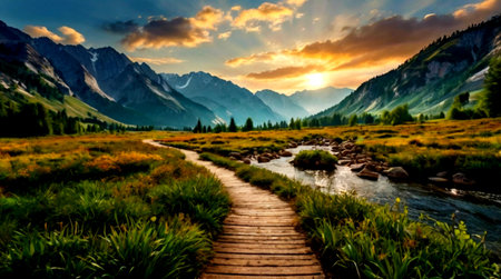 Mountain landscape with a wooden path leading to the river at sunsetの写真素材