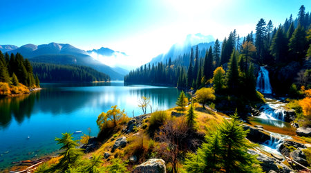 Beautiful mountain lake in the autumn season. Yading national level reserve, Daocheng, Sichuan...