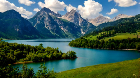 Beautiful mountain lake in the Alps. Landscape with mountains and lake.の写真素材