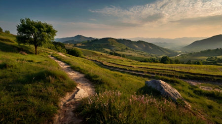 Panoramic view of the mountains and meadows in the eveningの写真素材