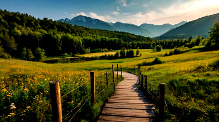 Wooden boardwalk in a meadow with wildflowers and mountains in the backgroundの写真素材