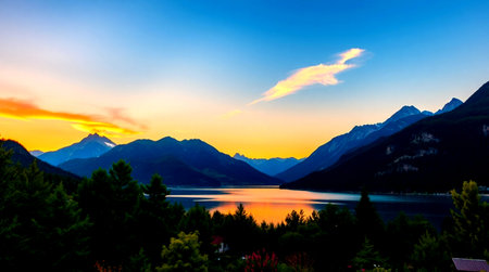 Sunset over lake in the Alps.の写真素材