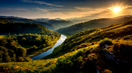 Landscape with mountains and river at sunset. Carpathian, Ukraineの写真素材