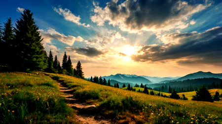 Sunset in the Carpathian mountains. Ukraine, Europe.
