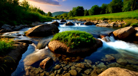 fast mountain river in summer with rocks and green grass on the shoreの写真素材