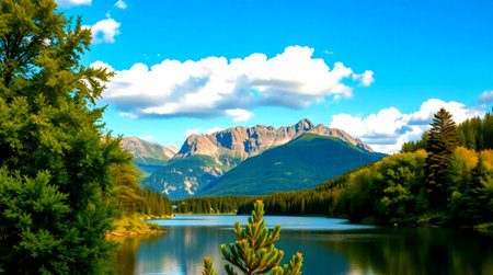 Mountains and lake in the Canadian Rockies, Alberta, Canada.
