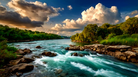 Beautiful landscape of a waterfall on the river in the jungle.の写真素材